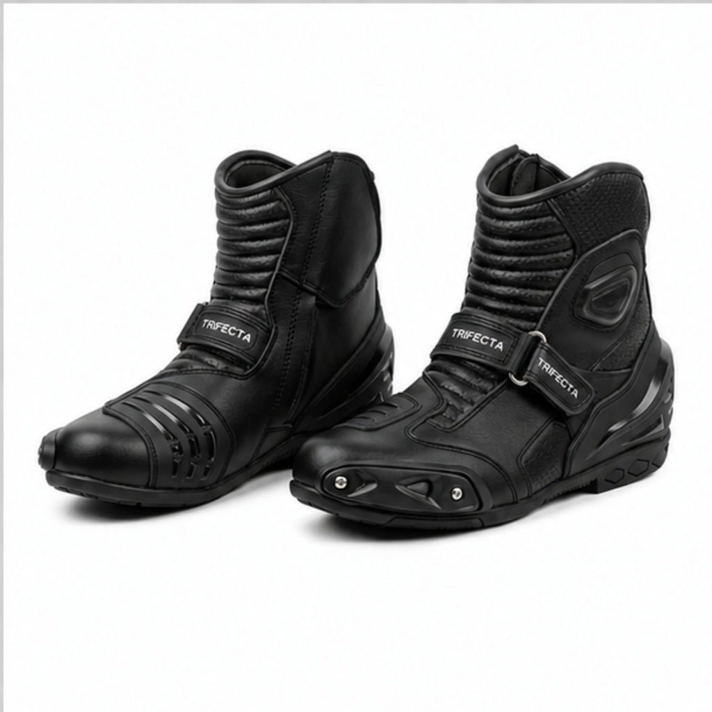 TRIFECTA Black Leather Motorcycle Boots, Short Ankle Racing Boots for Men, Sport Bike Riding Boots