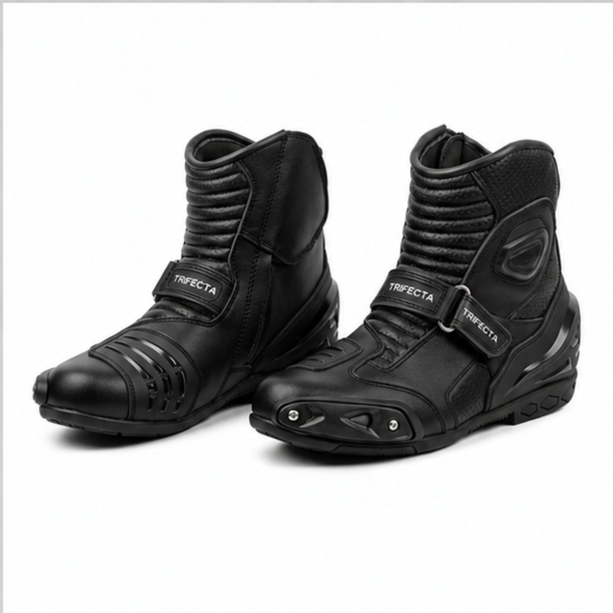 TRIFECTA Black Leather Motorcycle Boots, Short Ankle Racing Boots for Men, Sport Bike Riding Boots