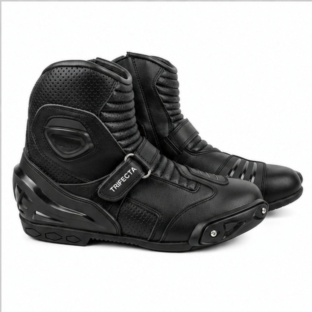 TRIFECTA Black Leather Motorcycle Boots, Short Ankle Racing Boots for Men, Sport Bike Riding Boots