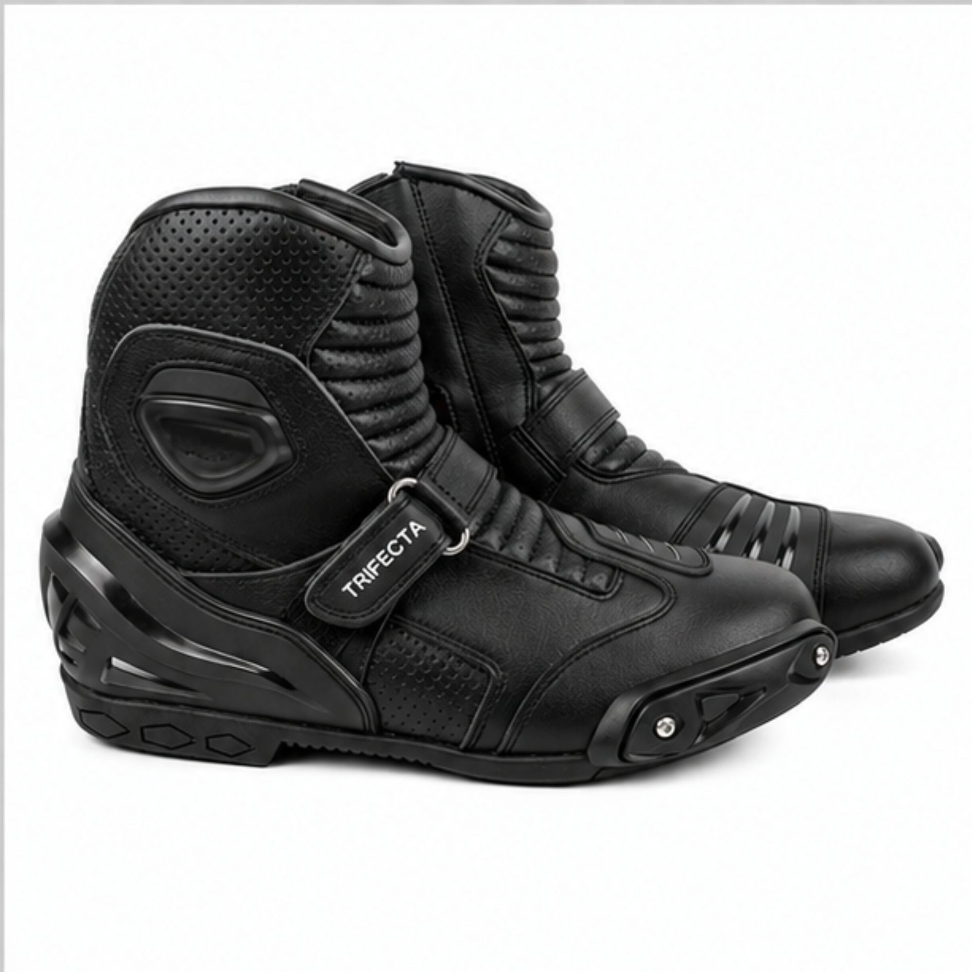 TRIFECTA Black Leather Motorcycle Boots, Short Ankle Racing Boots for Men, Sport Bike Riding Boots