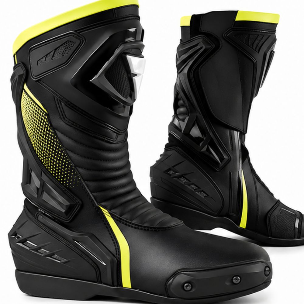 Men’s High-Performance Motorcycle Boots: Matte Black, Neon Yellow Accents