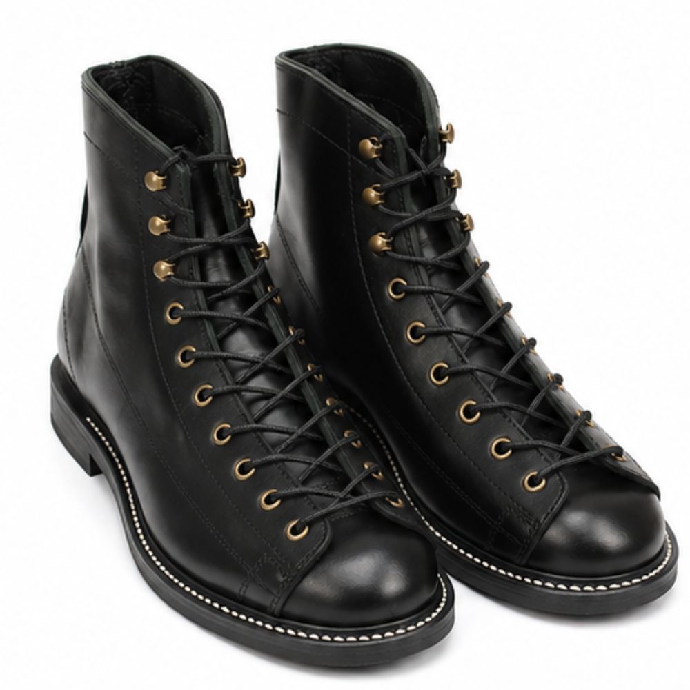 Men’s Black Leather Lace-Up Motorcycle Boots – Motorcycle Riding Boots, Biker Boots