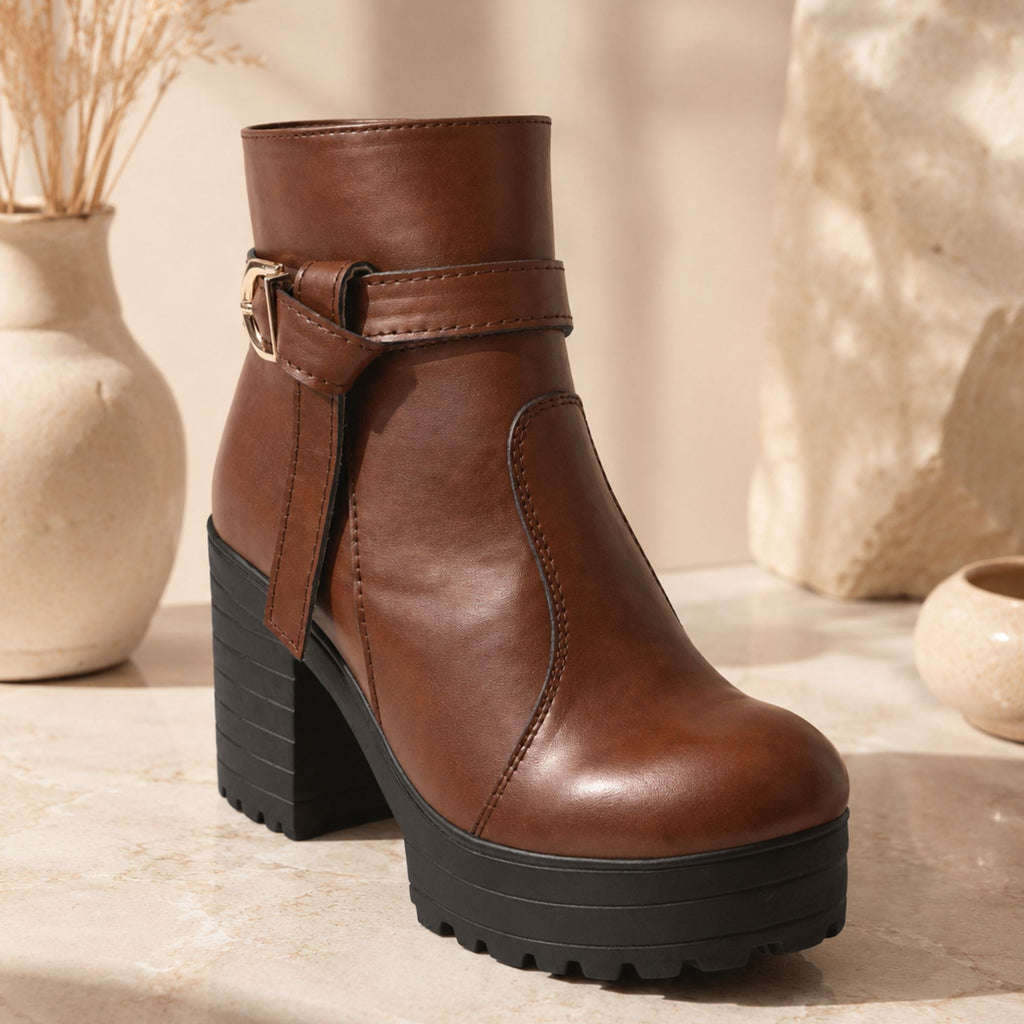 TRIFECTA Women's Brown Leather Ankle Boots – Chunky Block Heel Booties with Buckle Strap