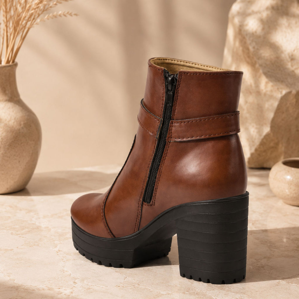 TRIFECTA Women's Brown Leather Ankle Boots – Chunky Block Heel Booties with Buckle Strap