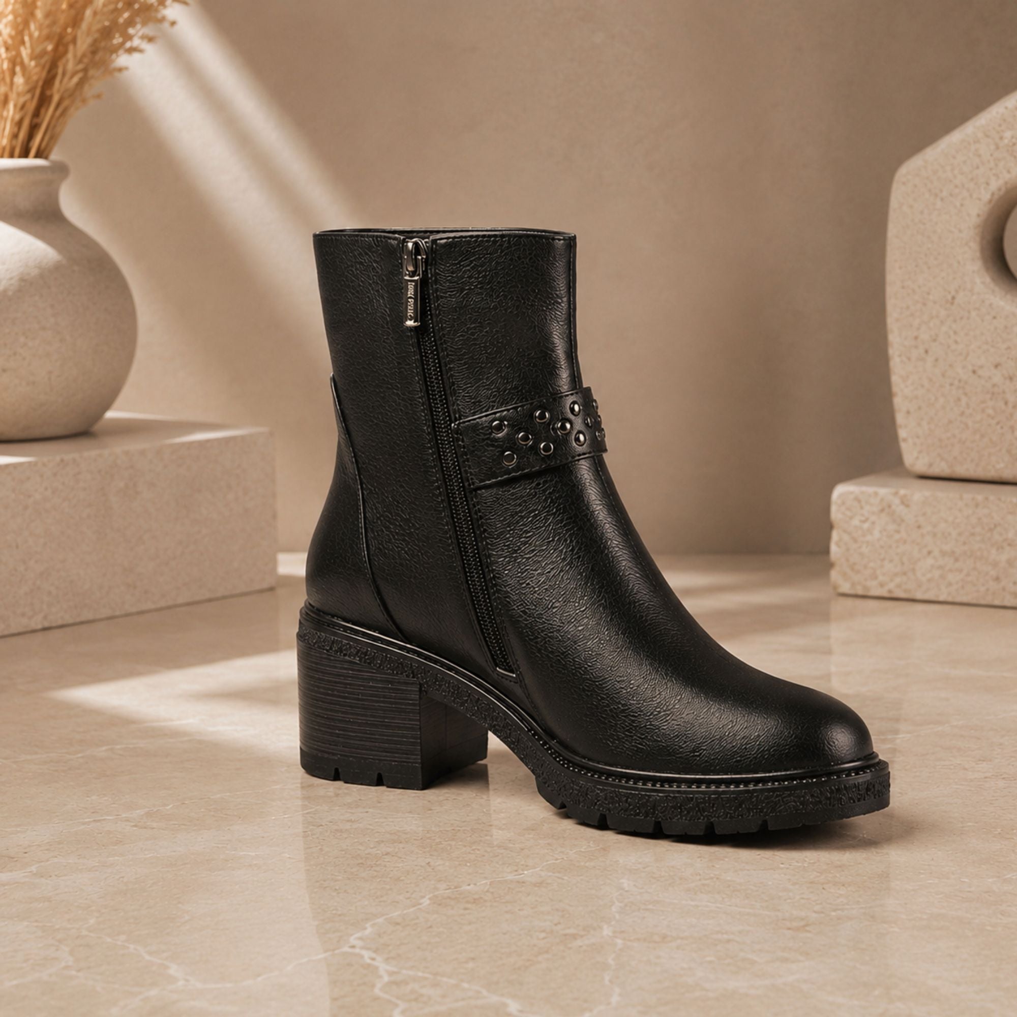 A black leather ankle boot with a side zipper, a decorative strap with studs on the side, and a chunky block heel, displayed on a beige marble floor with decorative stone blocks and a vase in the background.