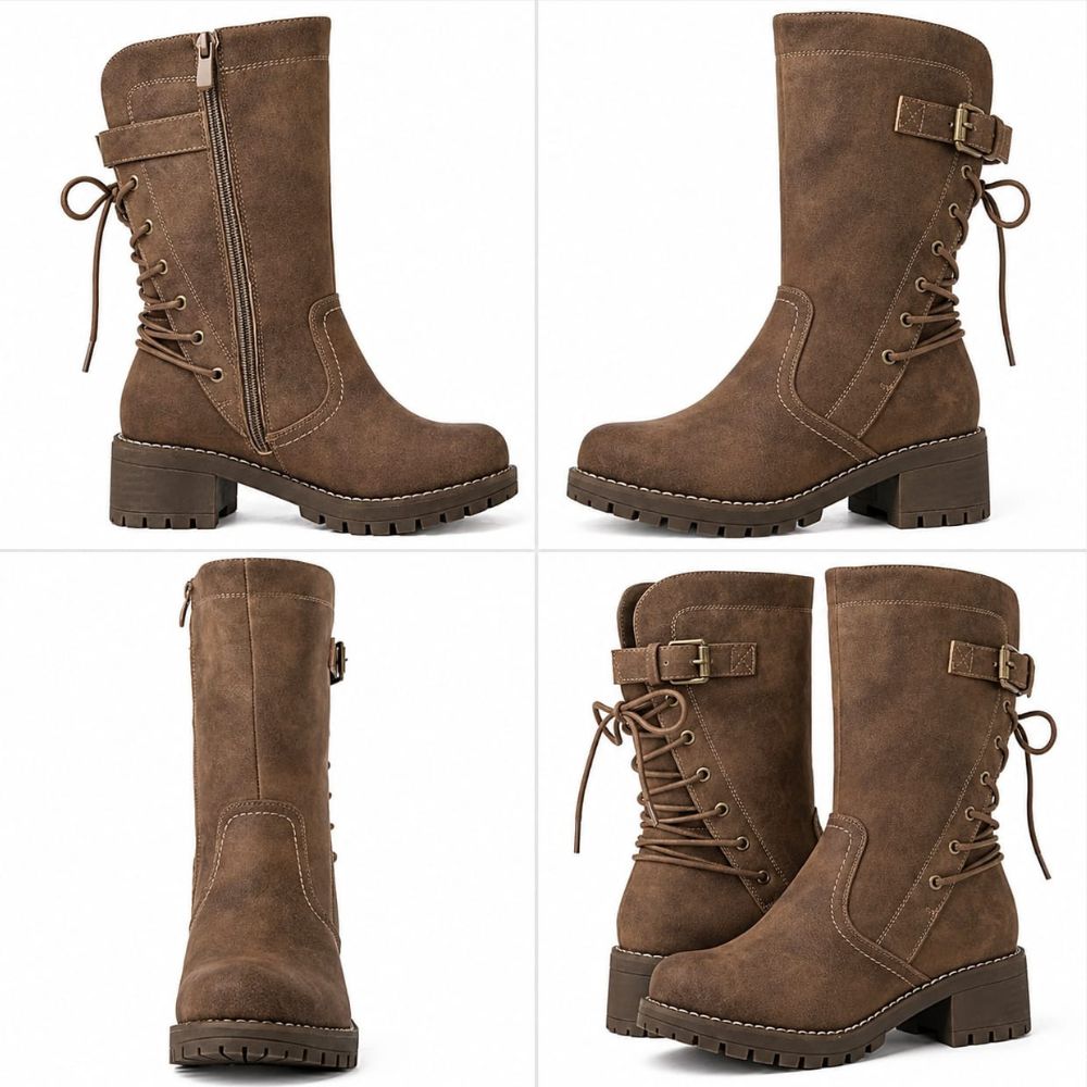 Women’s Black Leather Boots - Mid-Calf Lace-Up Boots with Side Zipper and Buckle Strap