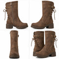 Women’s Black Leather Boots - Mid-Calf Lace-Up Boots with Side Zipper and Buckle Strap