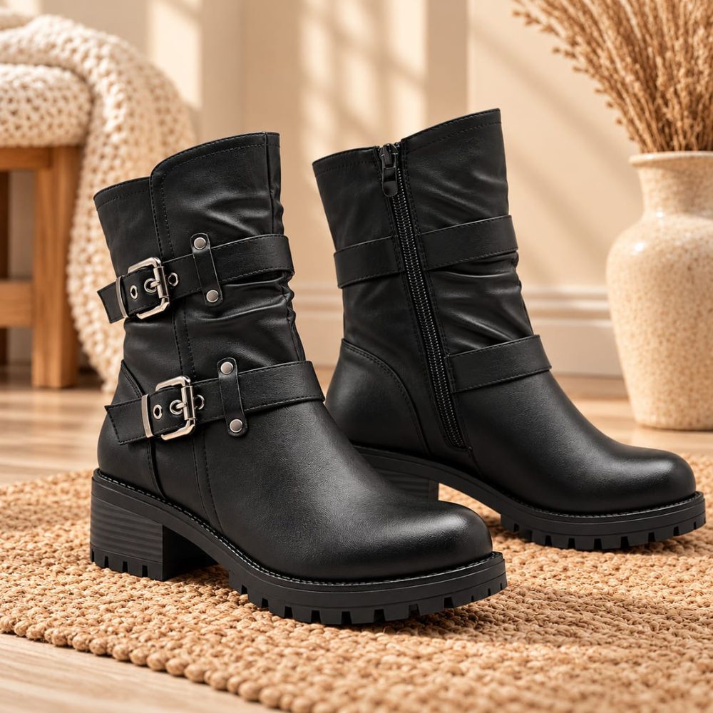 Women’s Black Biker Ankle Boots – Double Buckle Strap Design with Side Zipper