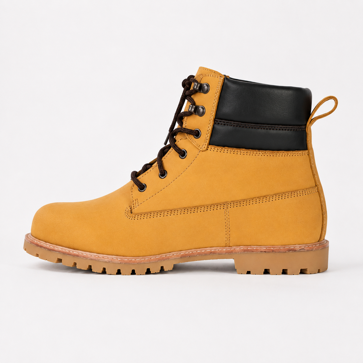 A classic high-top work boot in mustard yellow suede with a black leather collar, black laces, and a brown rubber sole, shown in a side profile on a light gray background.