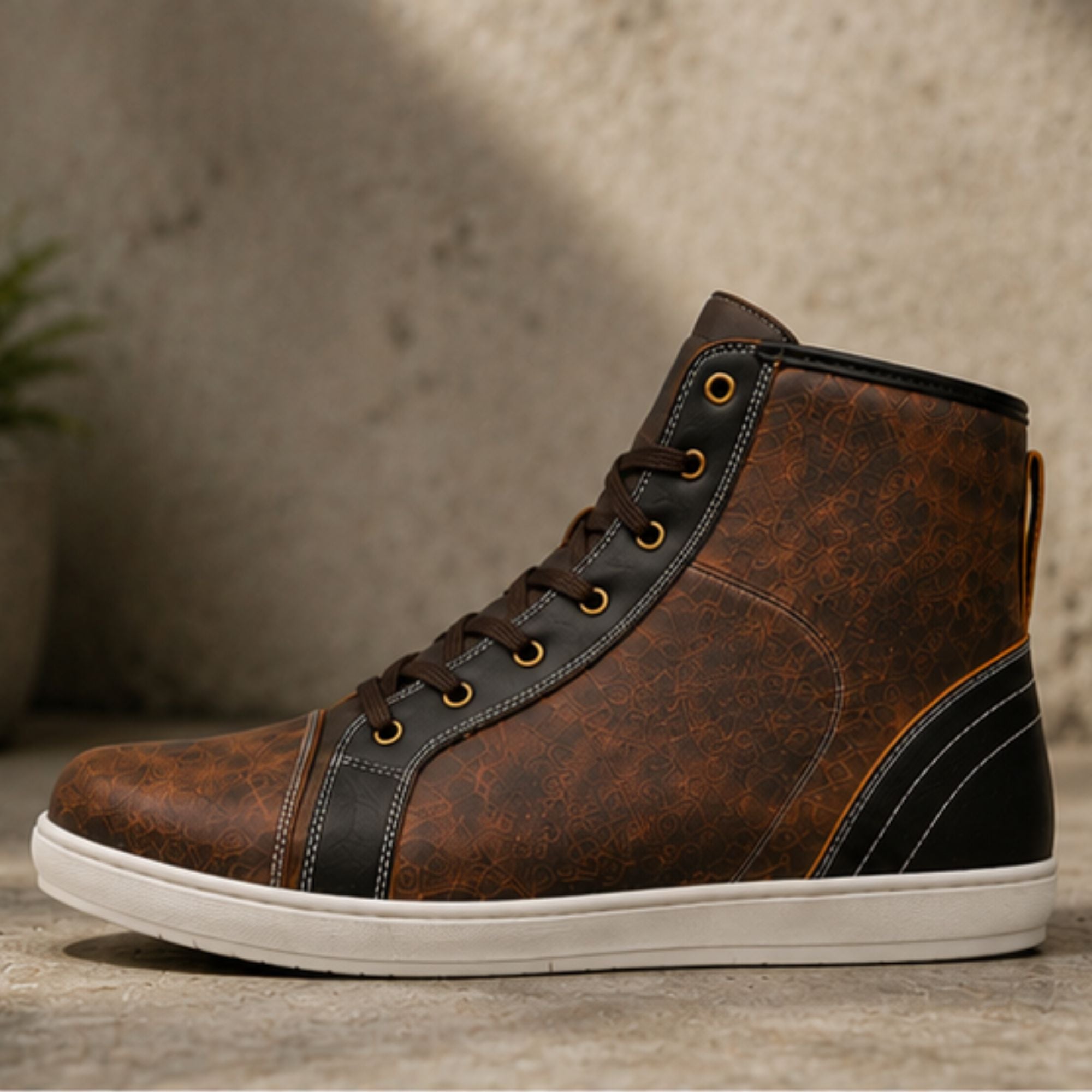 A brown distressed leather high-top sneaker with black leather trim, brown laces, gold eyelets, and a white sole, shown in a side profile against a textured concrete background.