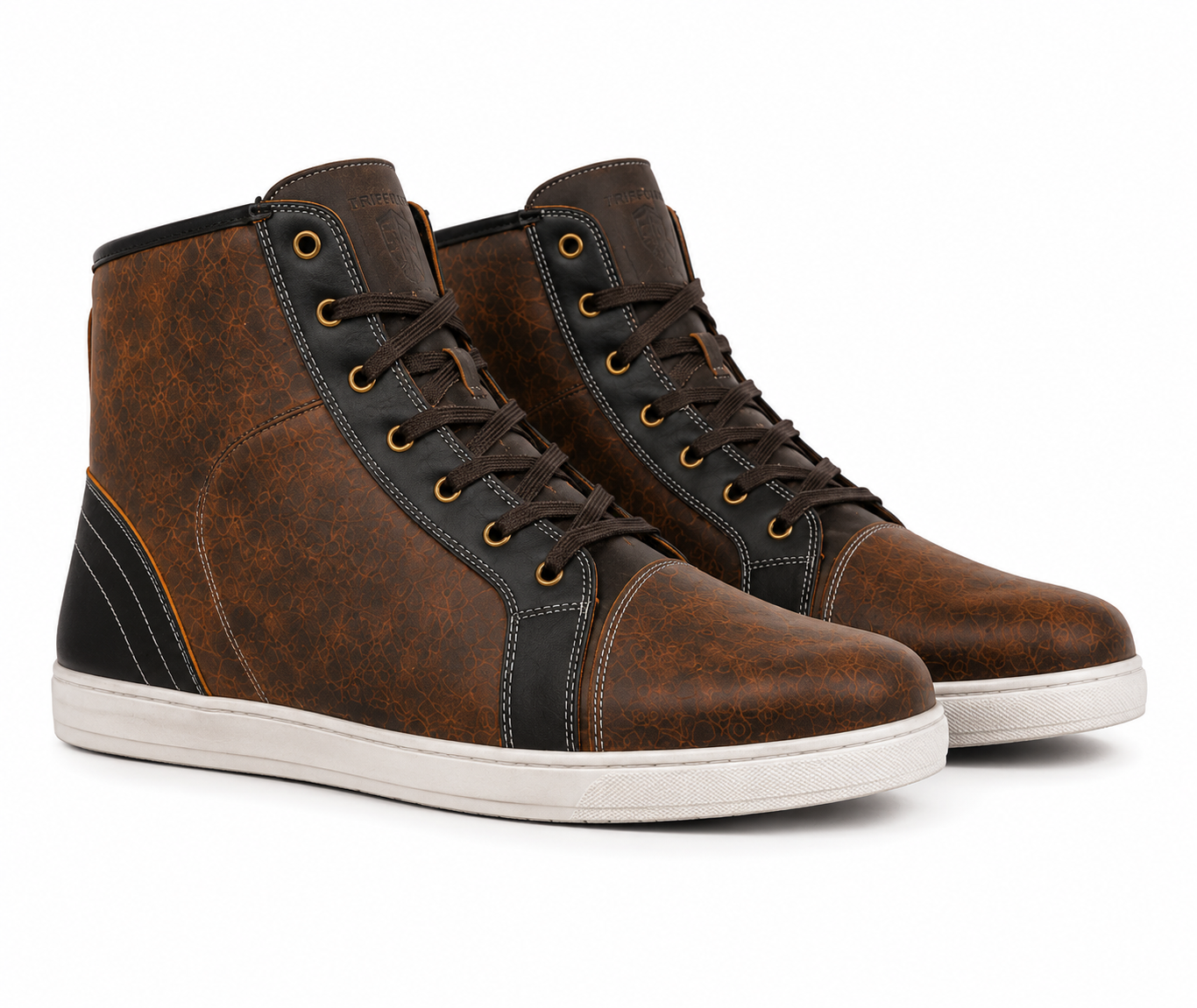 A pair of mid-top lace-up sneakers in distressed brown and black leather with white rubber soles, shown against a plain white background.