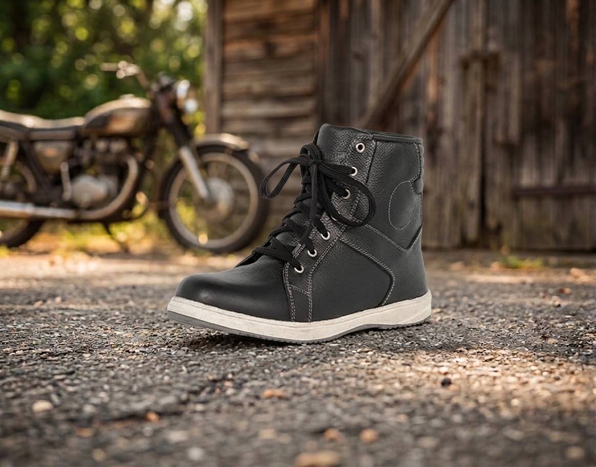 Motorcycle Riding Sneakers  Men's Black Leather Protective Riding Shoes | Durable Lace-Up Safety Boots