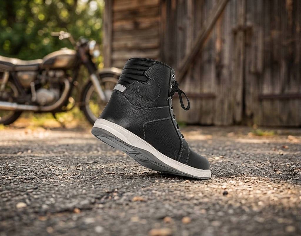 Motorcycle Riding Sneakers  Men's Black Leather Protective Riding Shoes | Durable Lace-Up Safety Boots