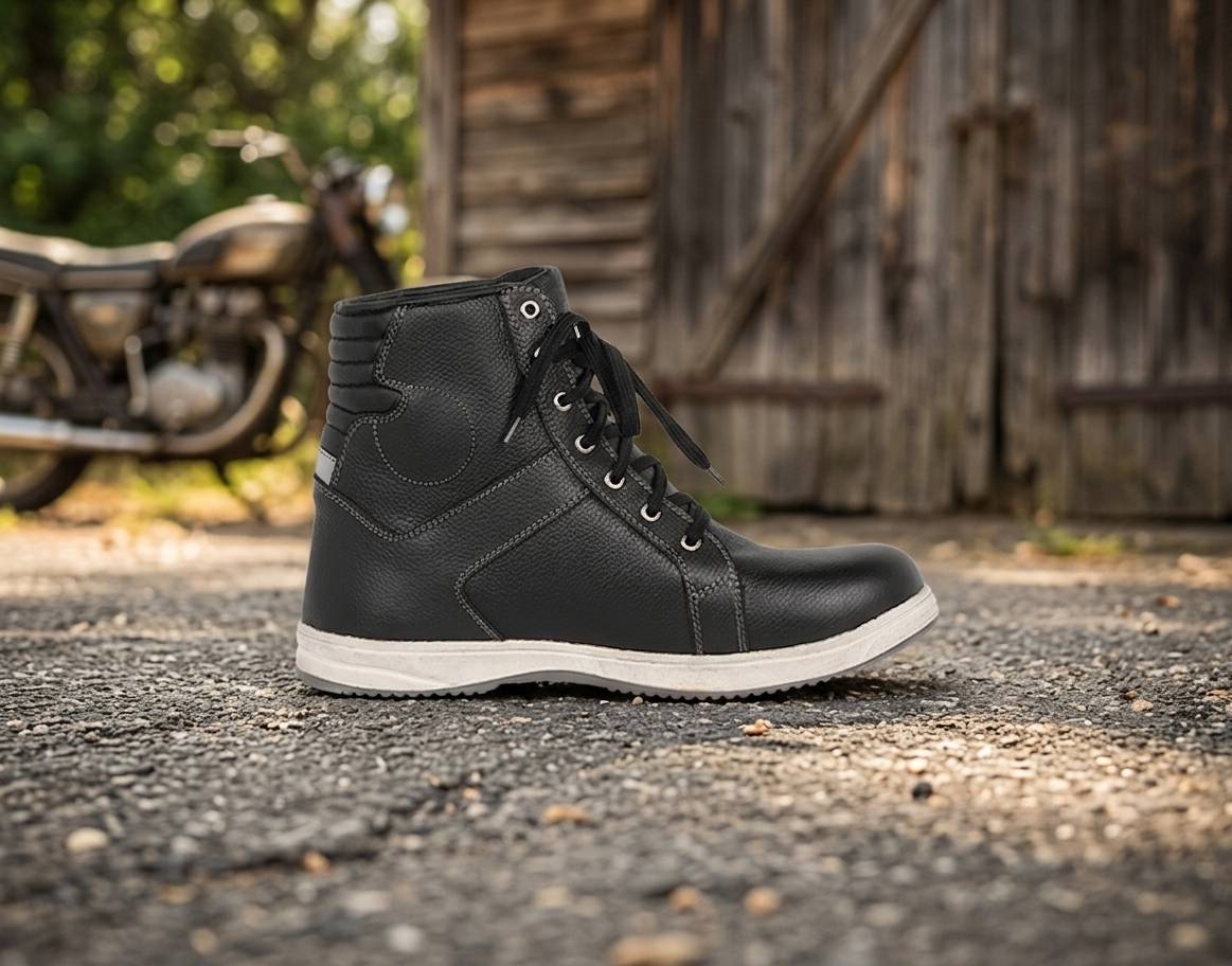 Motorcycle Riding Sneakers  Men's Black Leather Protective Riding Shoes | Durable Lace-Up Safety Boots