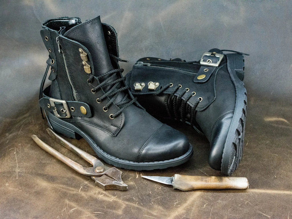 Men’s Black Lace-Up Boots – High Leather Combat Boots, Handmade Motorcycle Footwear