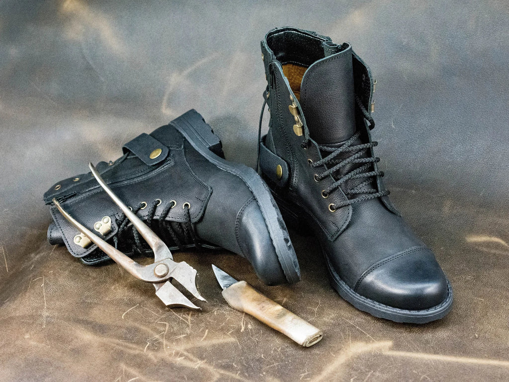 Men’s Black Lace-Up Boots – High Leather Combat Boots, Handmade Motorcycle Footwear