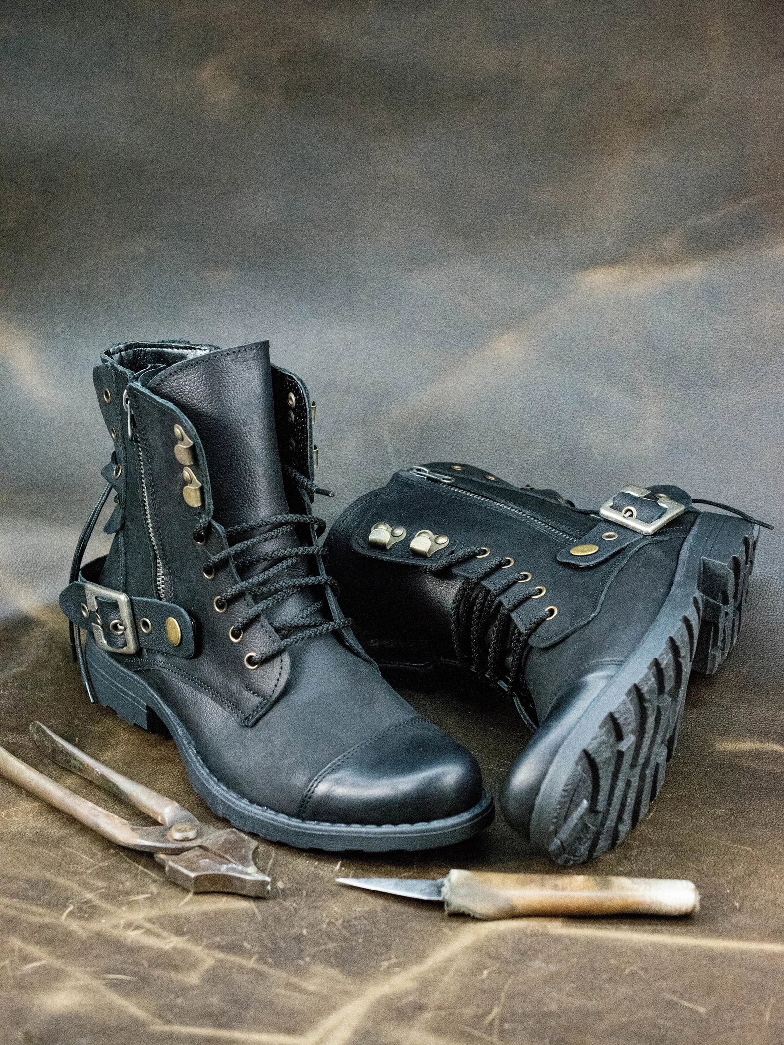 Men’s Black Lace-Up Boots – High Leather Combat Boots, Handmade Motorcycle Footwear