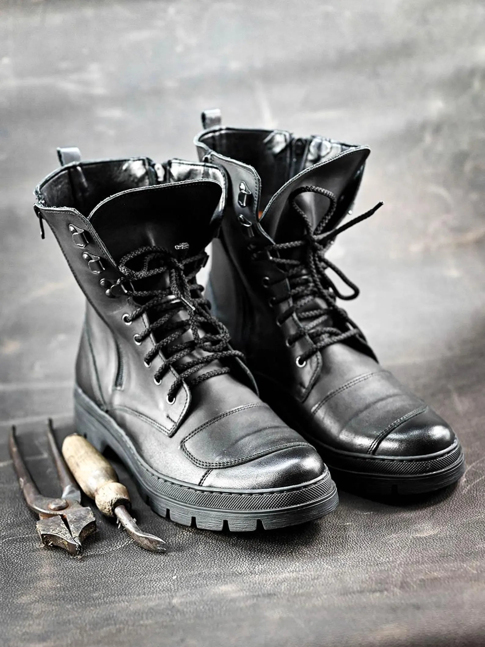 Gregory Men's Black Leather Combat Boots | Motorcycle-Inspired Military Boots | Heavy Duty Urban Style Boots, Handmade Italian Leather Boots