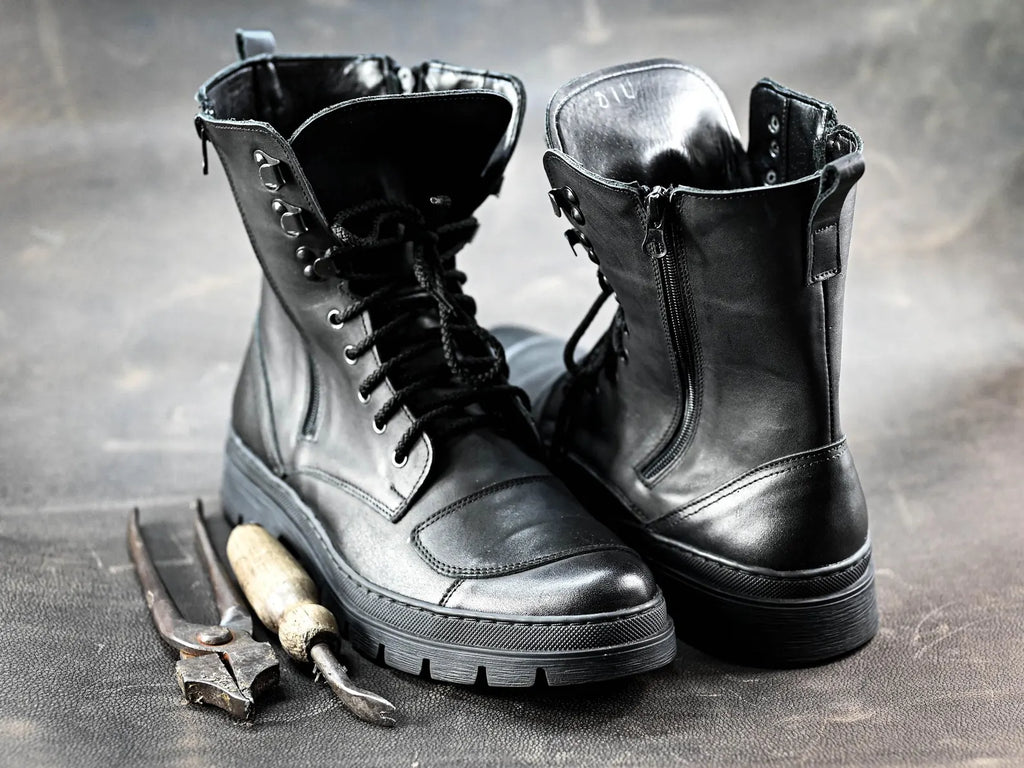 Gregory Men's Black Leather Combat Boots | Motorcycle-Inspired Military Boots | Heavy Duty Urban Style Boots, Handmade Italian Leather Boots