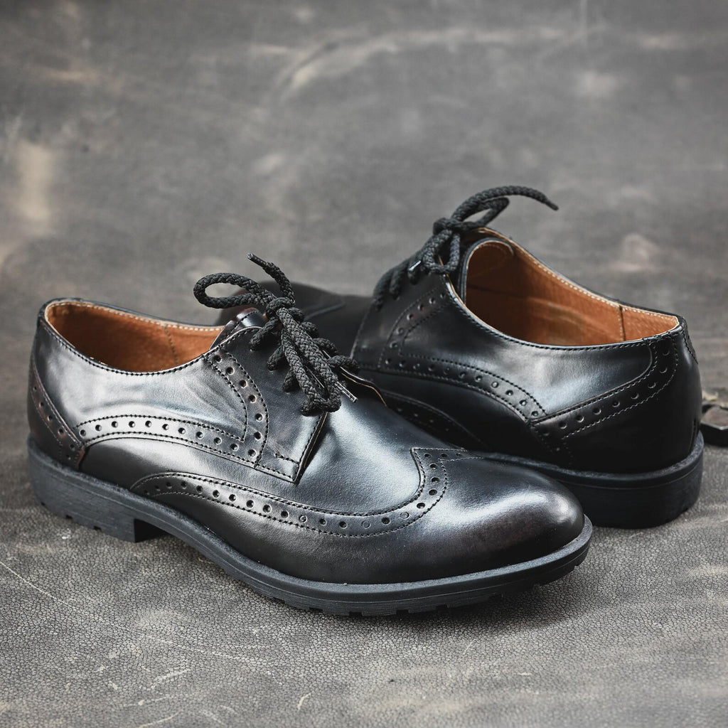Handmade Black Leather Men’s Brogue Oxford Shoes – Classic Wingtip Derby