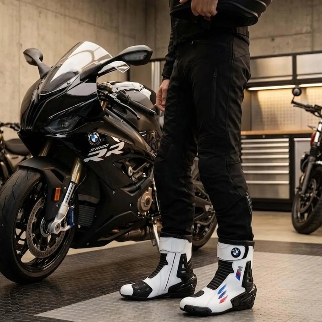TRIFECTA Men's Motorcycle Racing Boots – White & Black Biker Boots with Ankle Protection