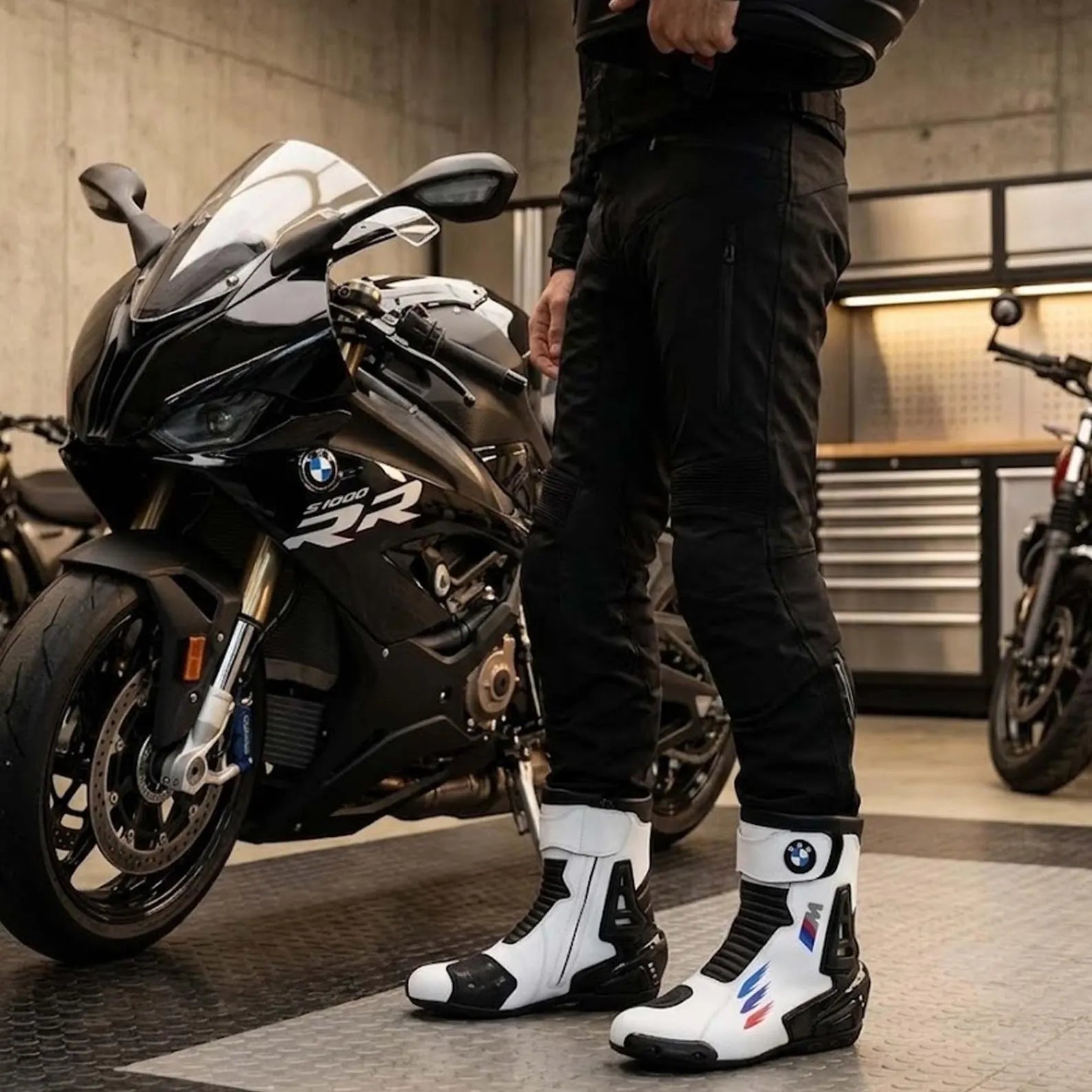 TRIFECTA Men's Motorcycle Racing Boots – White & Black Biker Boots with Ankle Protection