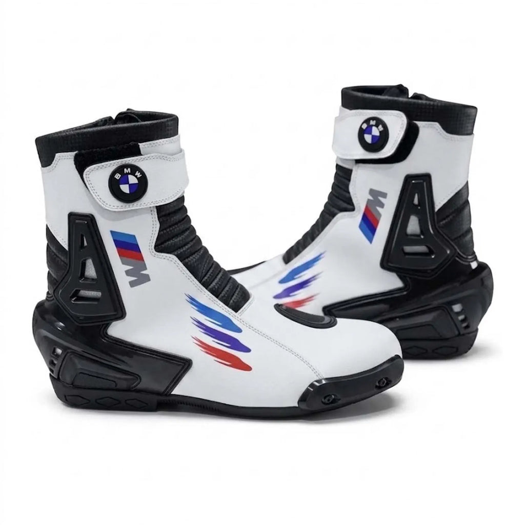 TRIFECTA Men's Motorcycle Racing Boots – White & Black Biker Boots with Ankle Protection