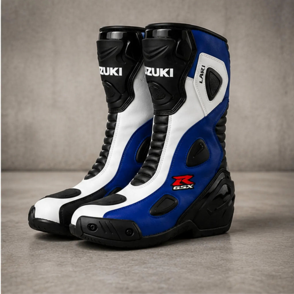 TRIFECTA Circuit Racing Motorcycle Boots – Blue White & Black Biker Boots for Men, Tall Shaft