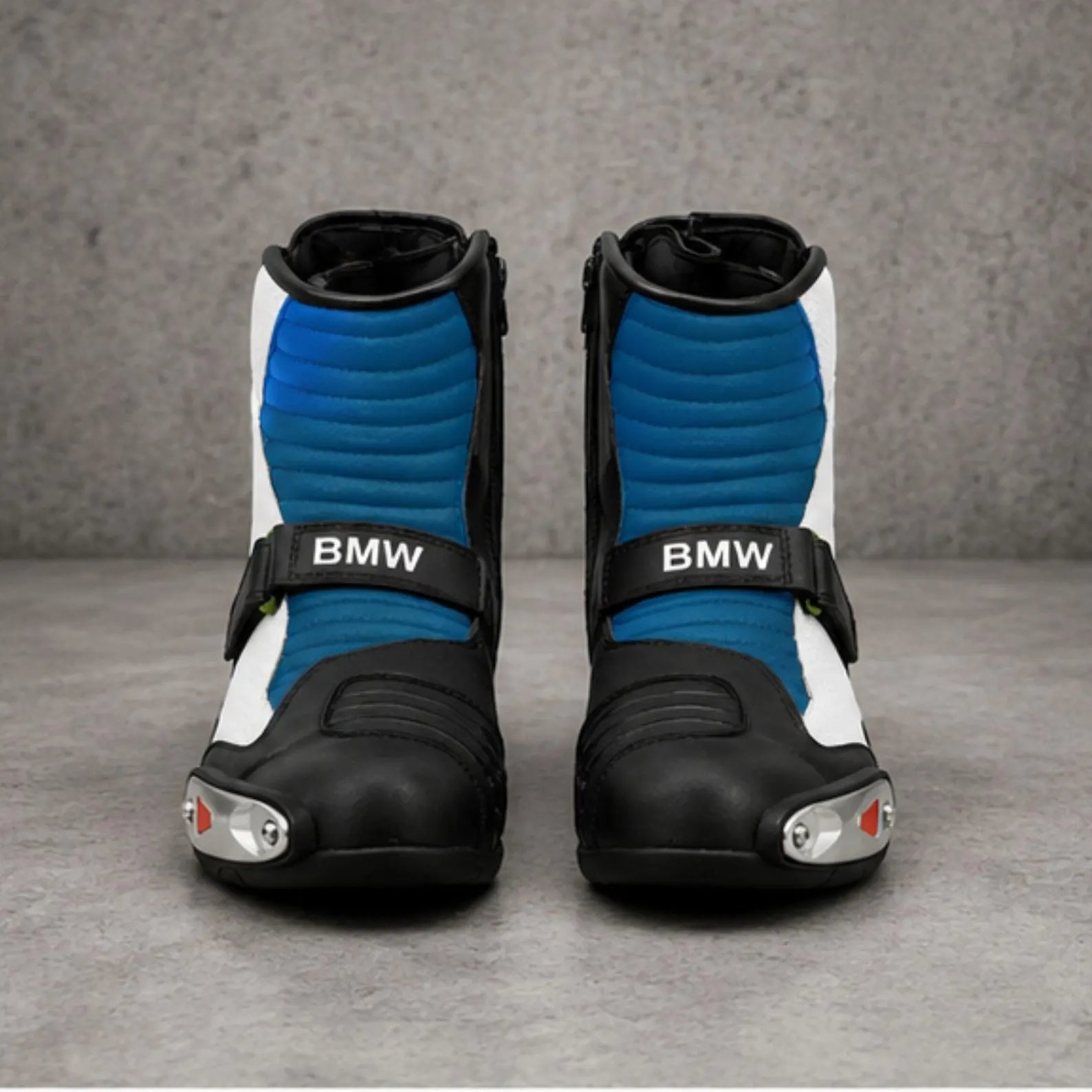 TRIFECTA Sport Ankle Motorcycle Boots | Blue & White Biker Boots for Men | Short-Cut Racing Style