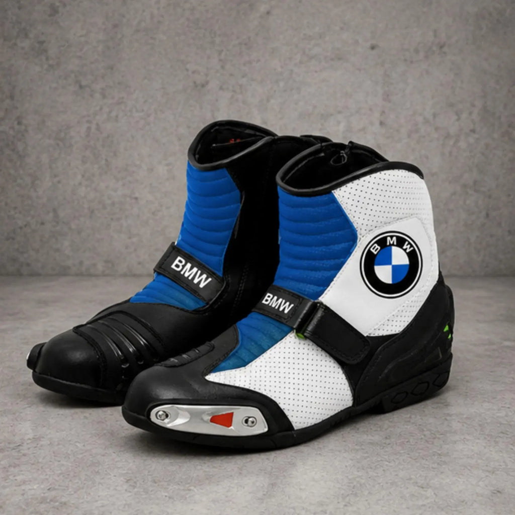 TRIFECTA Sport Ankle Motorcycle Boots | Blue & White Biker Boots for Men | Short-Cut Racing Style