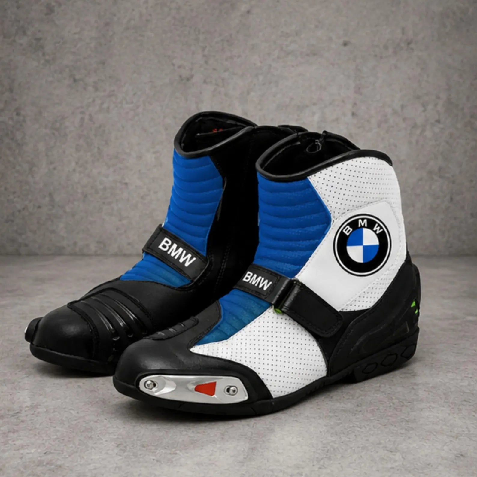 TRIFECTA Sport Ankle Motorcycle Boots | Blue & White Biker Boots for Men | Short-Cut Racing Style