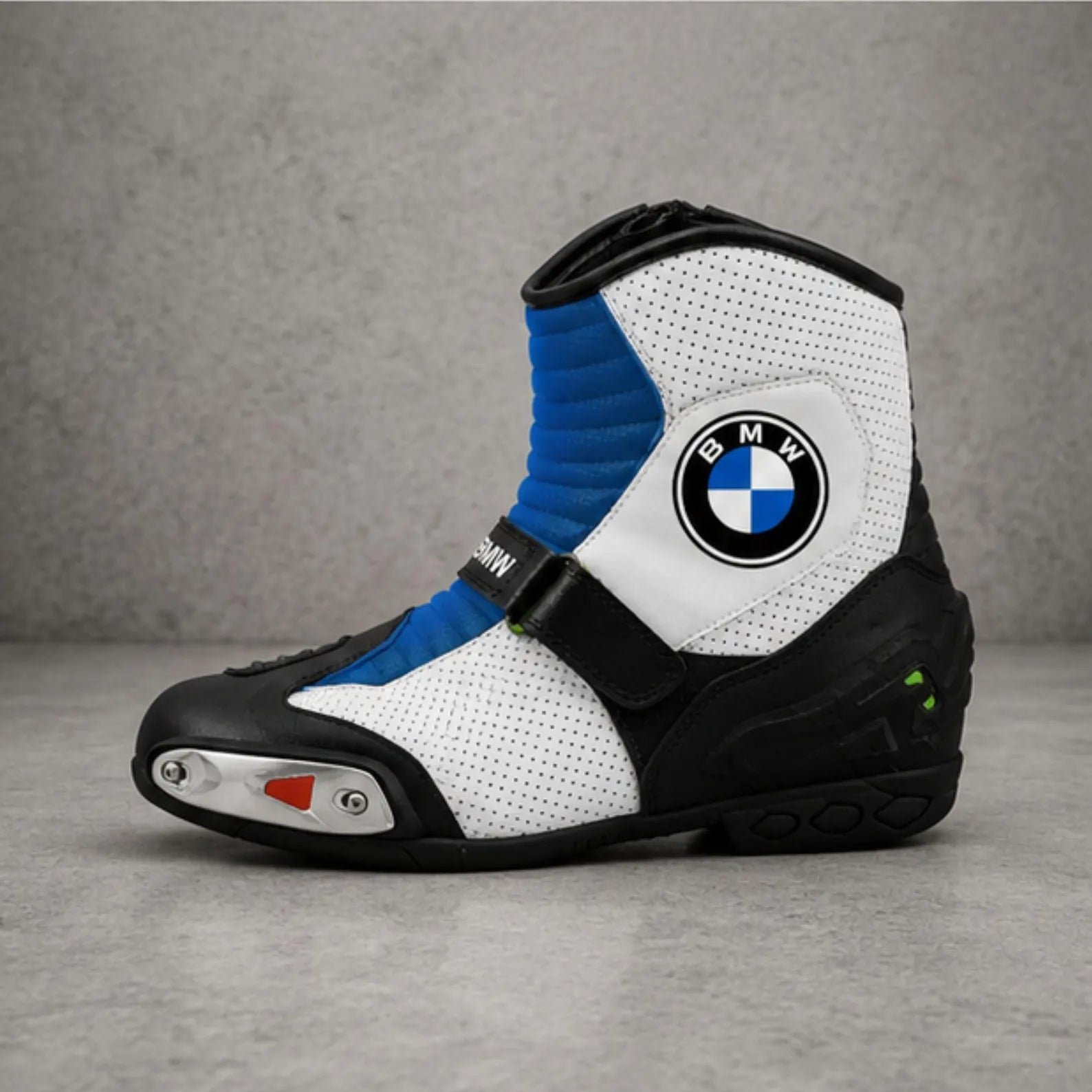 TRIFECTA Sport Ankle Motorcycle Boots | Blue & White Biker Boots for Men | Short-Cut Racing Style
