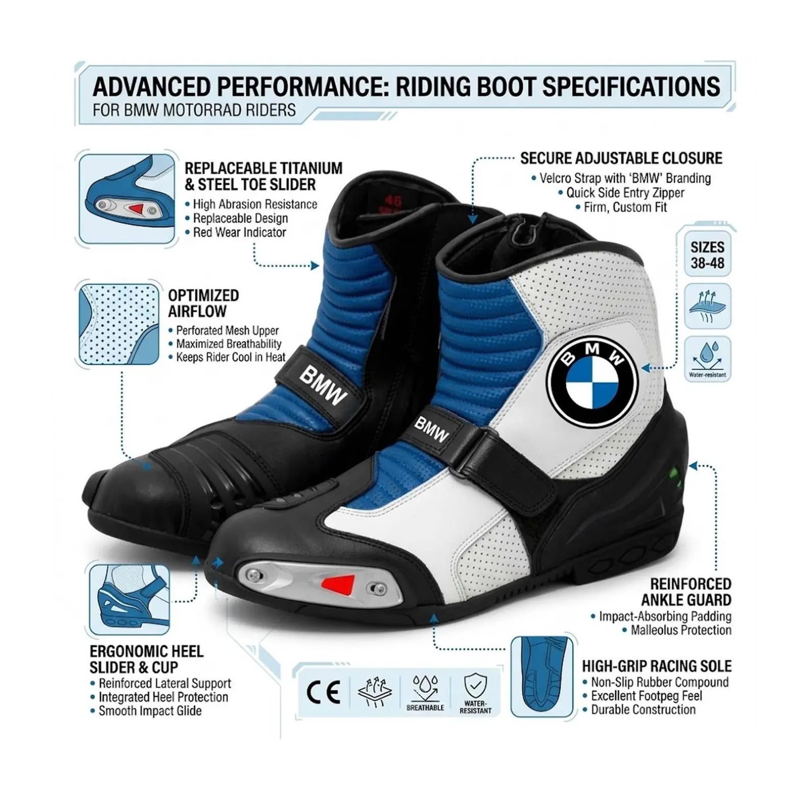 TRIFECTA Sport Ankle Motorcycle Boots | Blue & White Biker Boots for Men | Short-Cut Racing Style