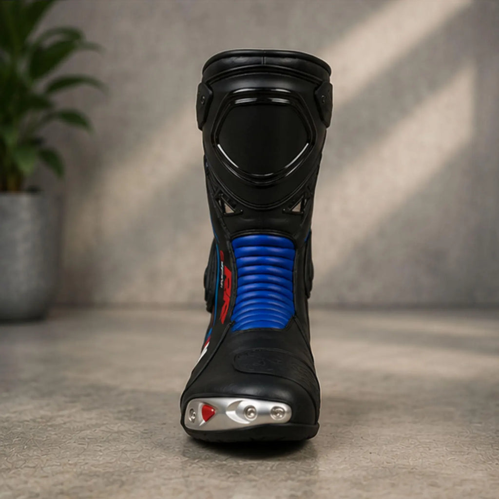 TRIFECTA Mens Racing Motorcycle Boots |  Black Red & Blue Biker Boots with TPU Shin Guard & Articulated Ankle