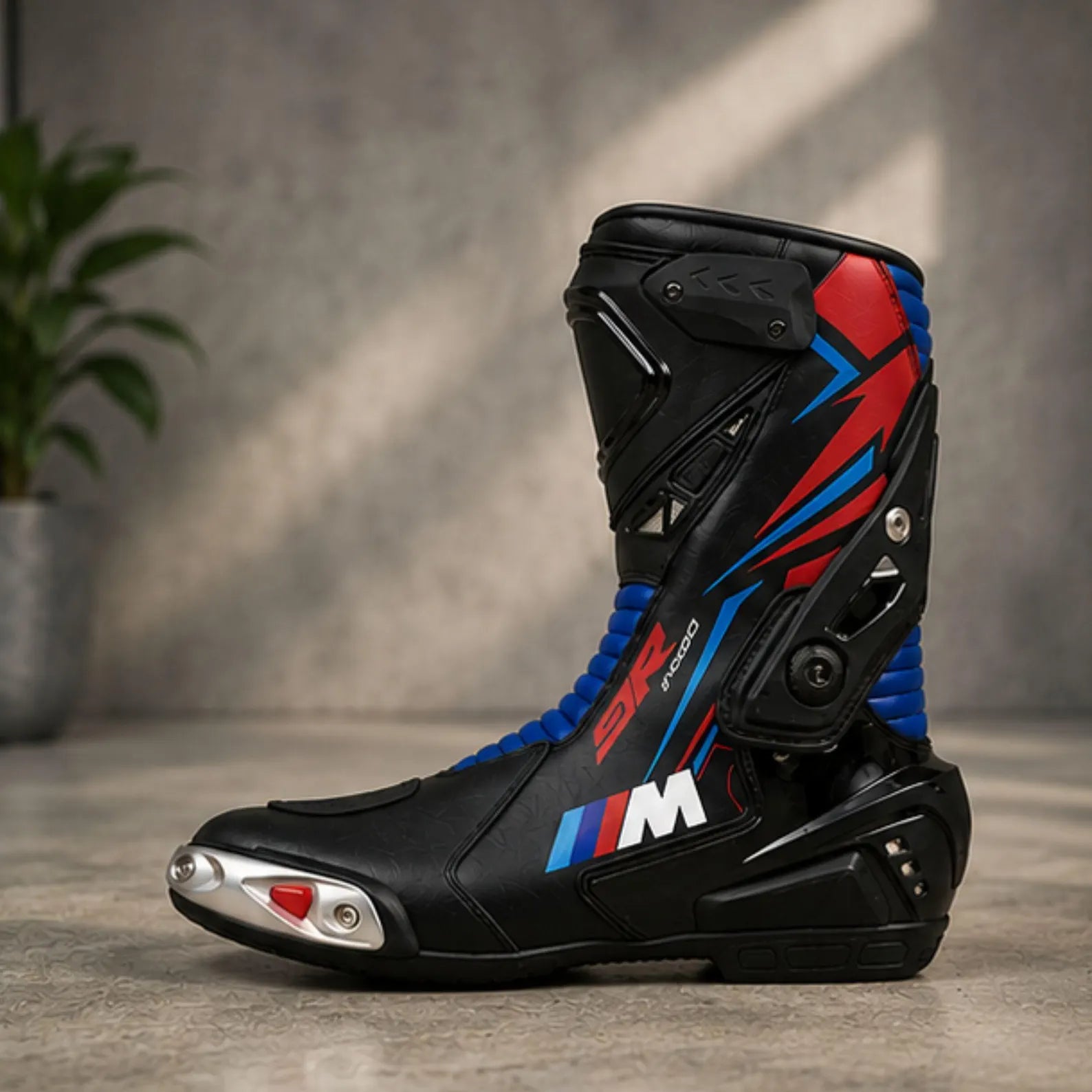 TRIFECTA Mens Racing Motorcycle Boots |  Black Red & Blue Biker Boots with TPU Shin Guard & Articulated Ankle