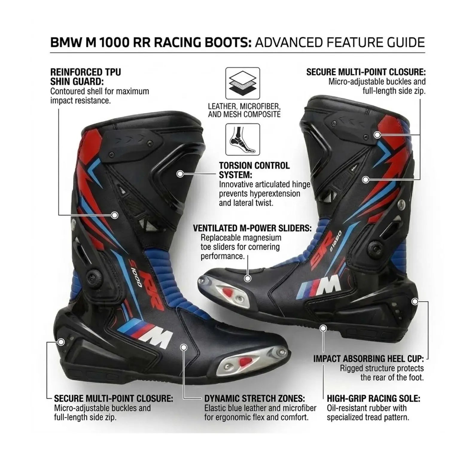 TRIFECTA Mens Racing Motorcycle Boots |  Black Red & Blue Biker Boots with TPU Shin Guard & Articulated Ankle