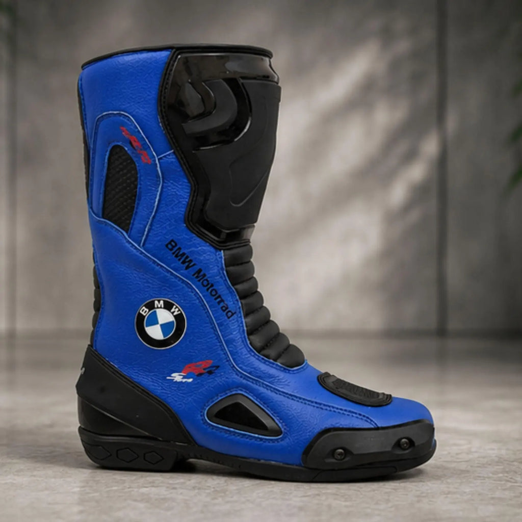 TRIFECTA Pro-Racer Men's Motorcycle Boots | Black & Blue Biker Boots with Reinforced Ankle & Shin Armor