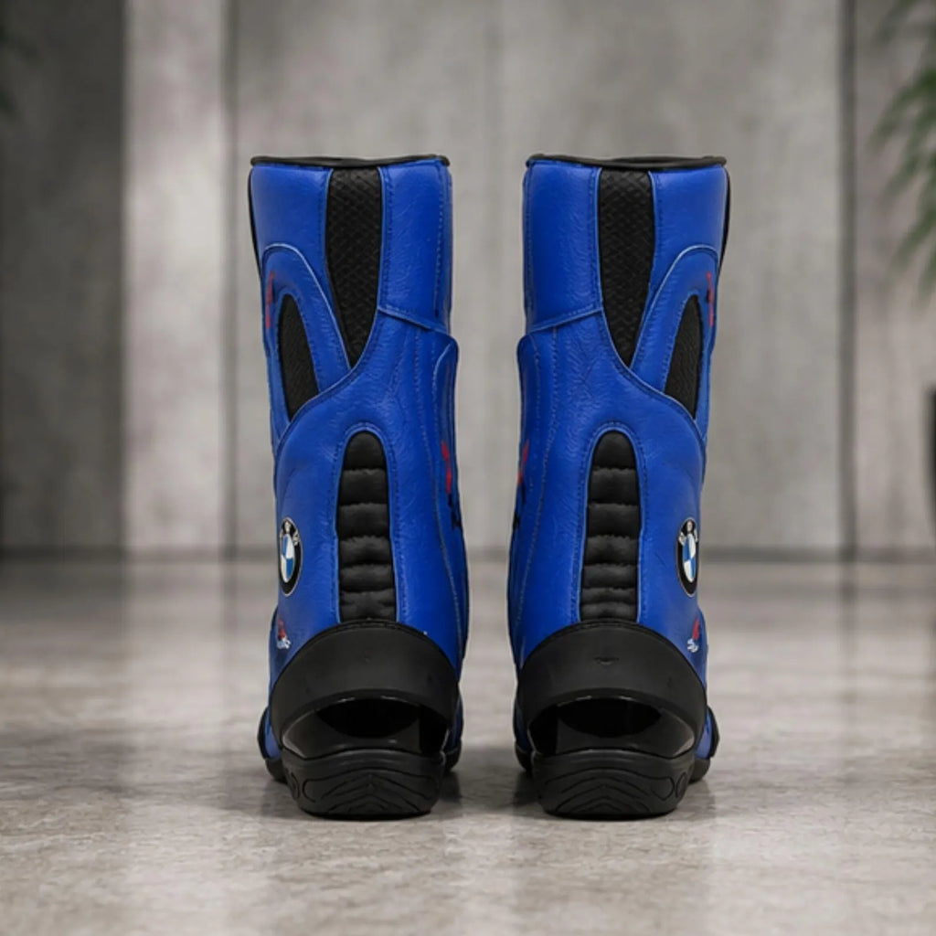 TRIFECTA Pro-Racer Men's Motorcycle Boots | Black & Blue Biker Boots with Reinforced Ankle & Shin Armor