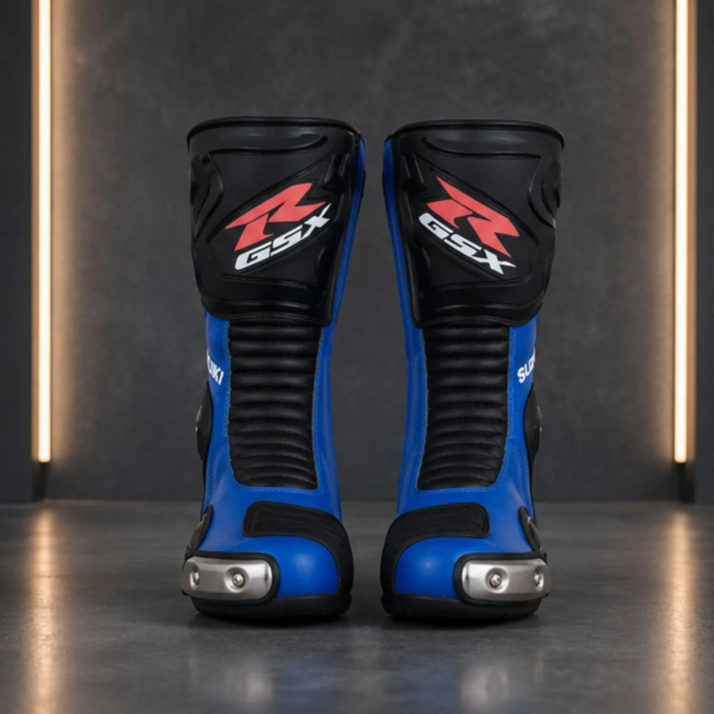 TRIFECTA Velocity Racing Motorcycle Boots | Blue & Black Biker Boots with Rigid Shin Guard & Alloy Toe Slider