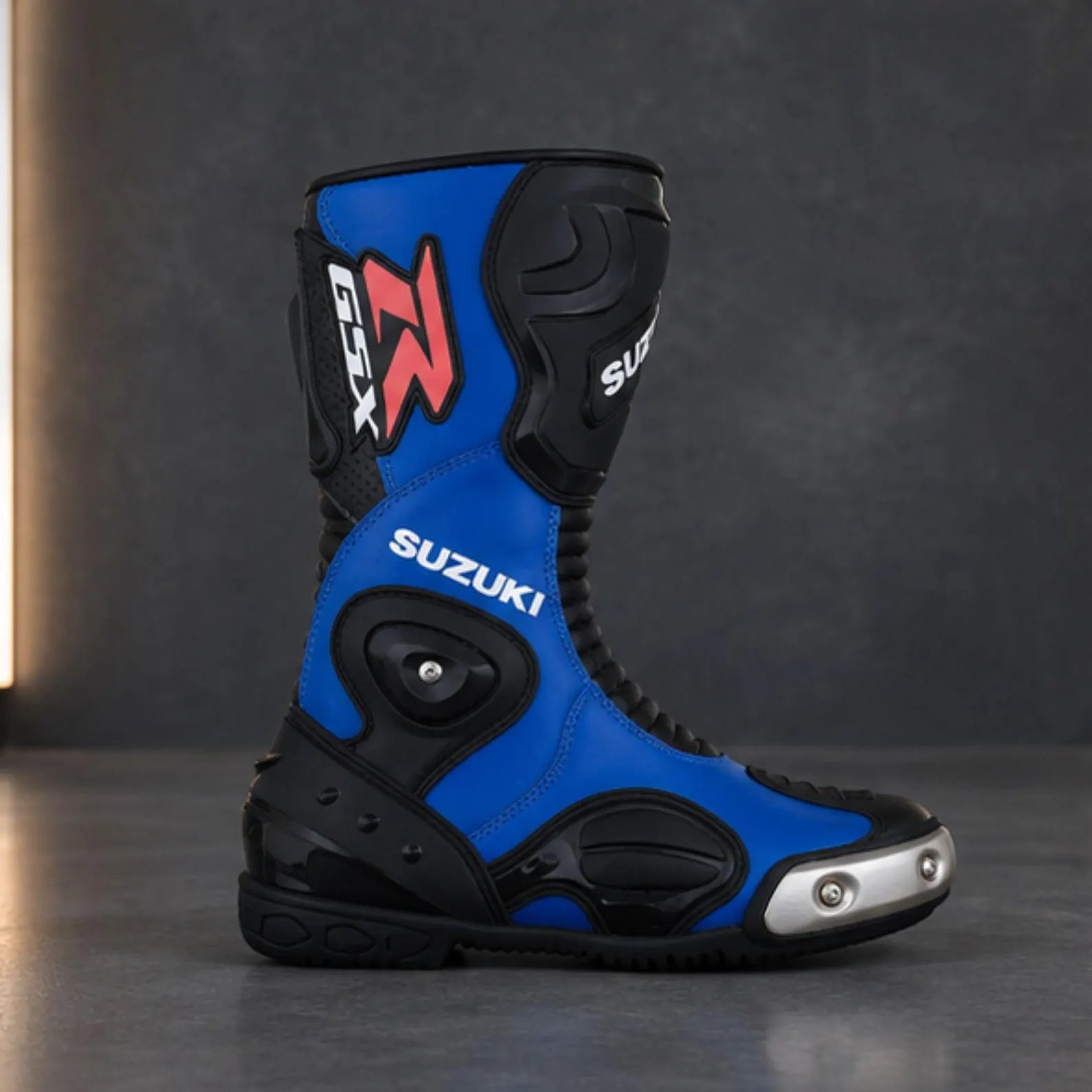 TRIFECTA Velocity Racing Motorcycle Boots | Blue & Black Biker Boots with Rigid Shin Guard & Alloy Toe Slider