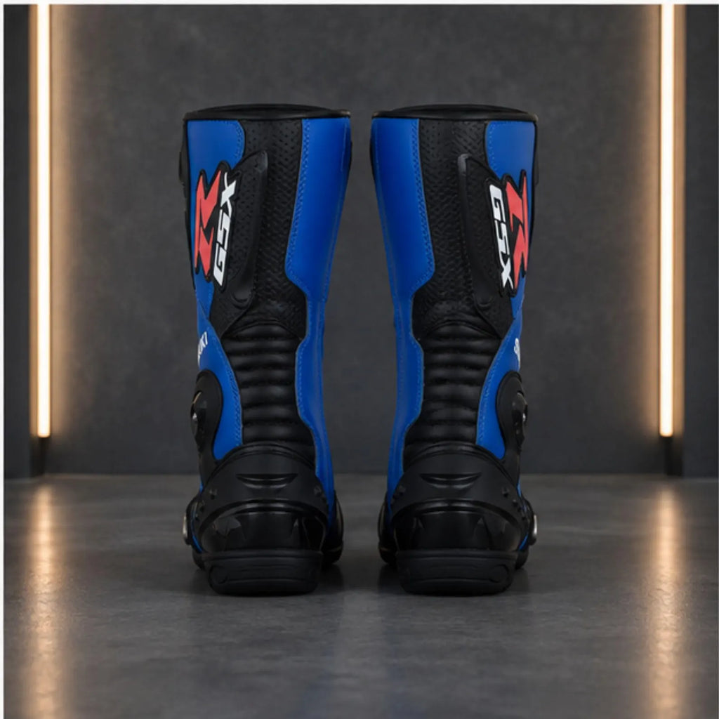 TRIFECTA Velocity Racing Motorcycle Boots | Blue & Black Biker Boots with Rigid Shin Guard & Alloy Toe Slider