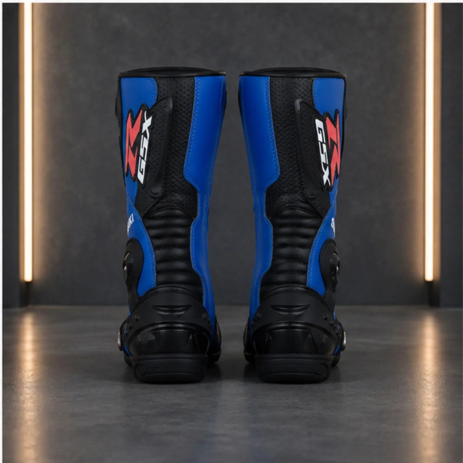TRIFECTA Velocity Racing Motorcycle Boots | Blue & Black Biker Boots with Rigid Shin Guard & Alloy Toe Slider