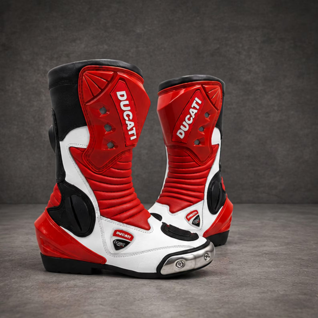Men's Red & White Leather Motorcycle Riding Boots – Protective Biker Boots for Men