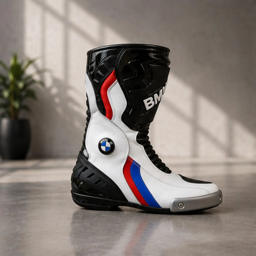 Men's Racing Motorcycle Boots | Black & White Biker Boots with Reinforced Ankle & Toe Protection