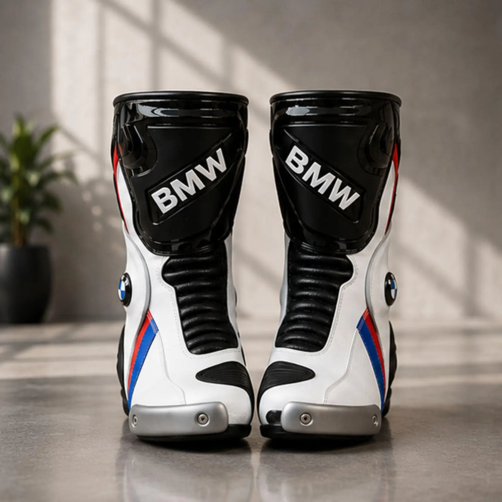 Men's Racing Motorcycle Boots | Black & White Biker Boots with Reinforced Ankle & Toe Protection