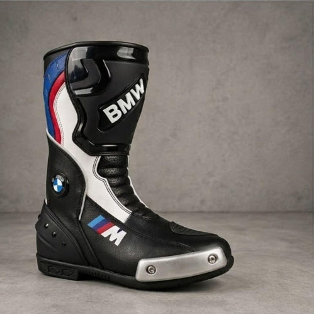 TRIFECTA Tricolor Racing Motorcycle Boots | Black, Blue & Red Biker Boots for Men | Tall Shaft