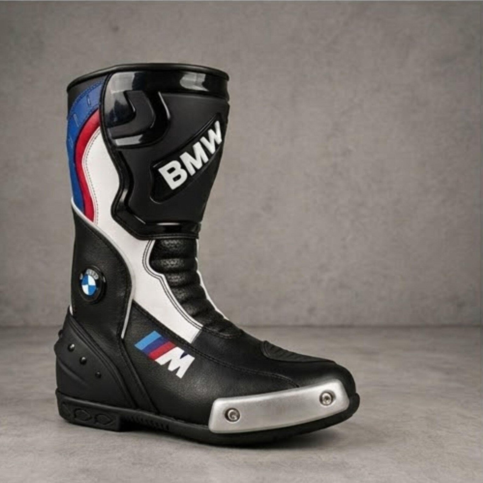 TRIFECTA Tricolor Racing Motorcycle Boots | Black, Blue & Red Biker Boots for Men | Tall Shaft