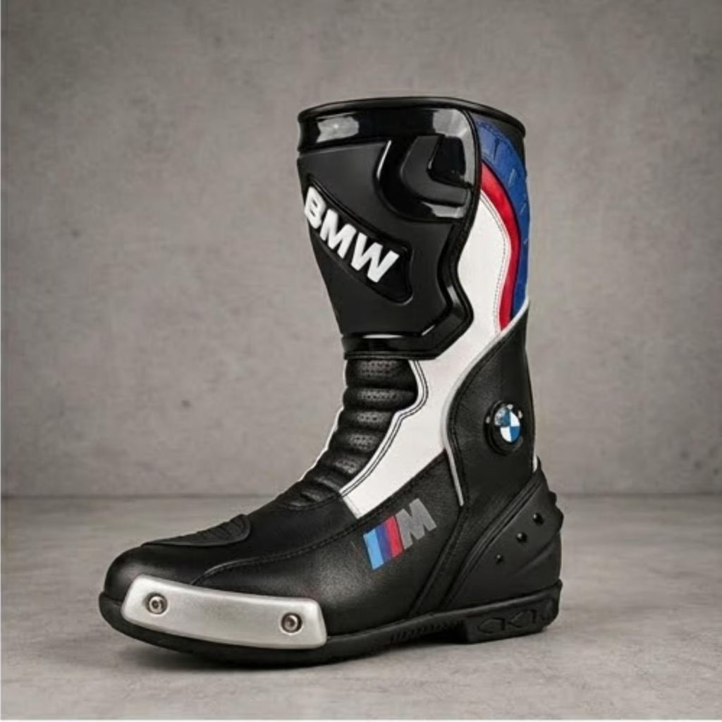 TRIFECTA Tricolor Racing Motorcycle Boots | Black, Blue & Red Biker Boots for Men | Tall Shaft