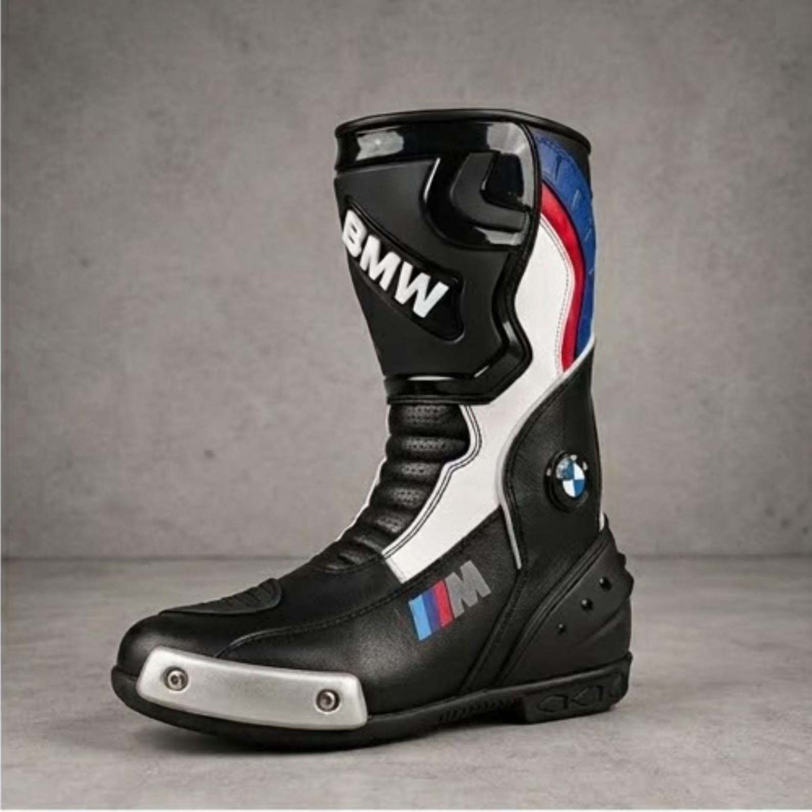 TRIFECTA Tricolor Racing Motorcycle Boots | Black, Blue & Red Biker Boots for Men | Tall Shaft