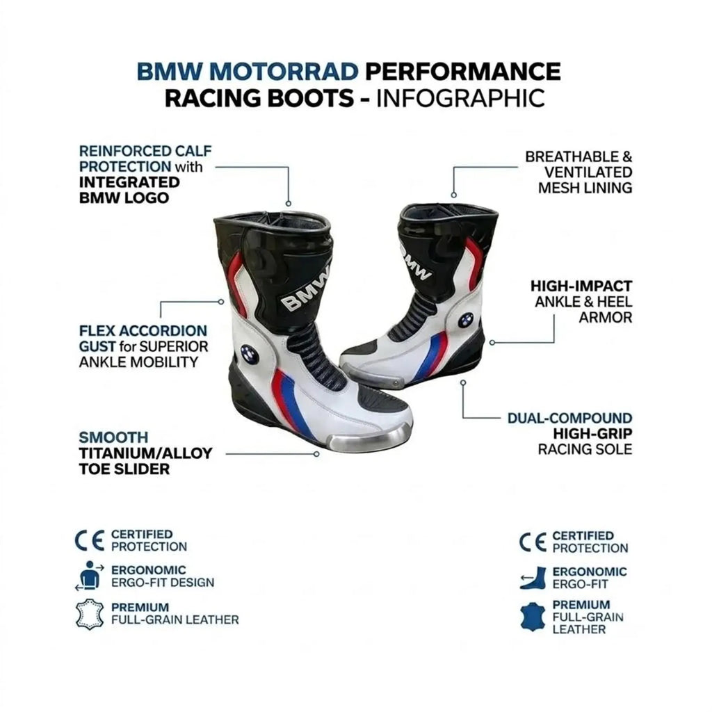 Men's Racing Motorcycle Boots | Black & White Biker Boots with Reinforced Ankle & Toe Protection